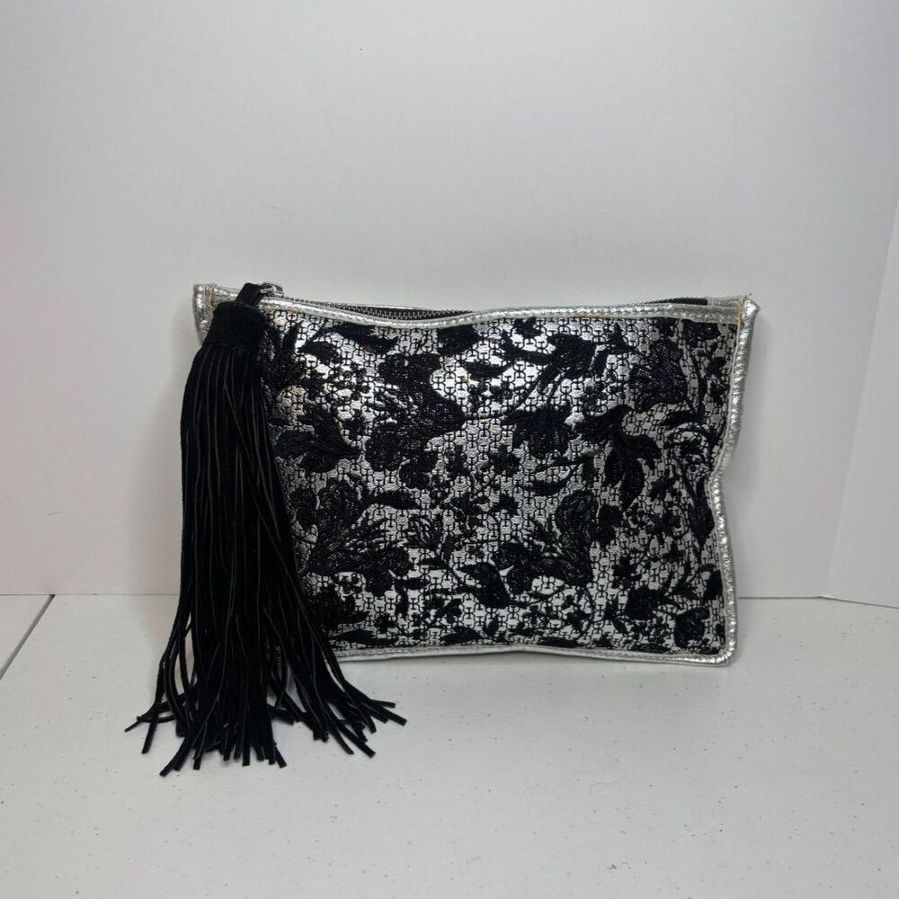 Sam Edelman Alia Lace Floral Leather Clutch Bag Designer Silver Black Tassel